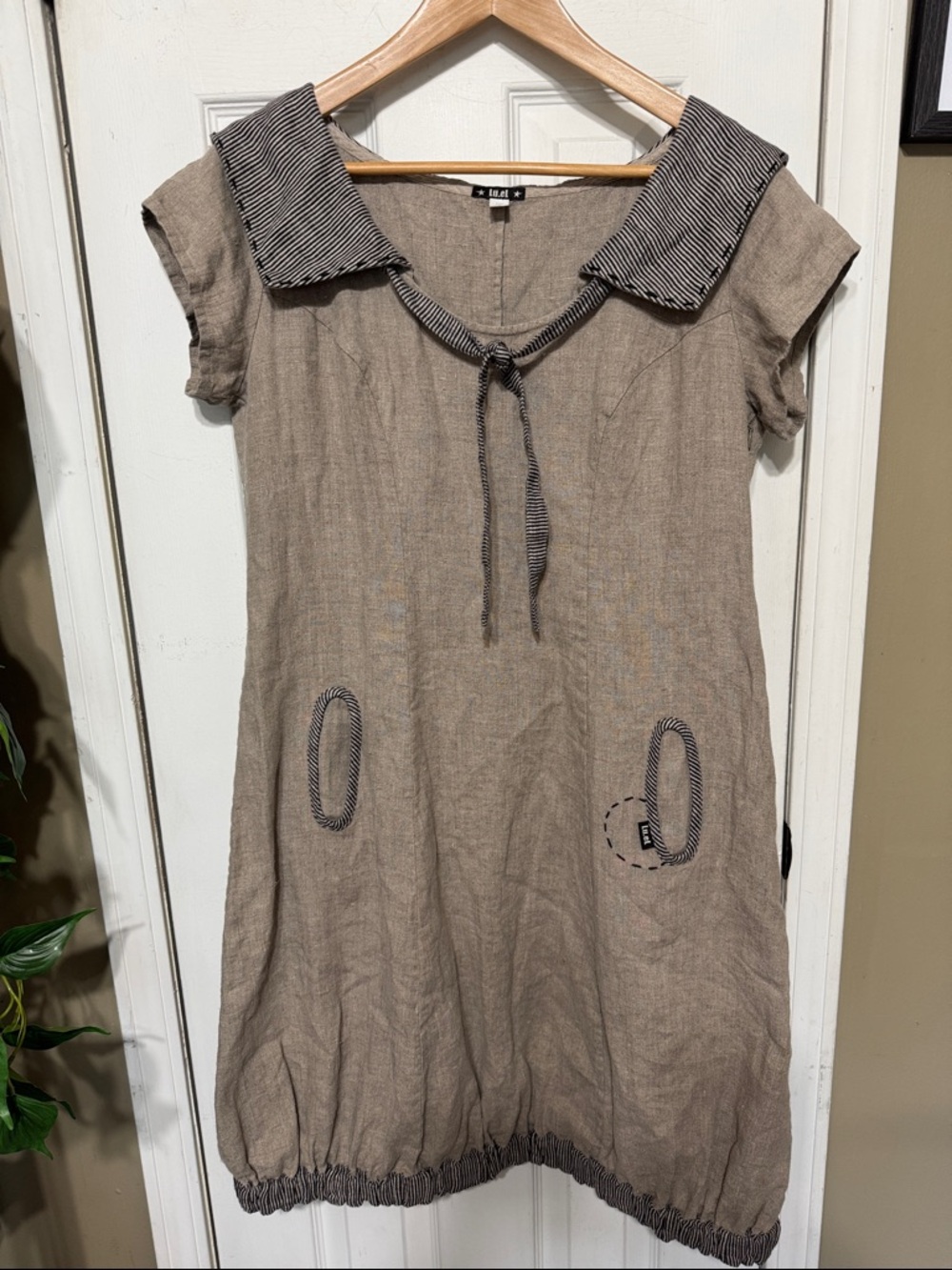 LU.EL European Linen Bubble Hem Sailor Collar Pockets Dress C 20” W18 L37”